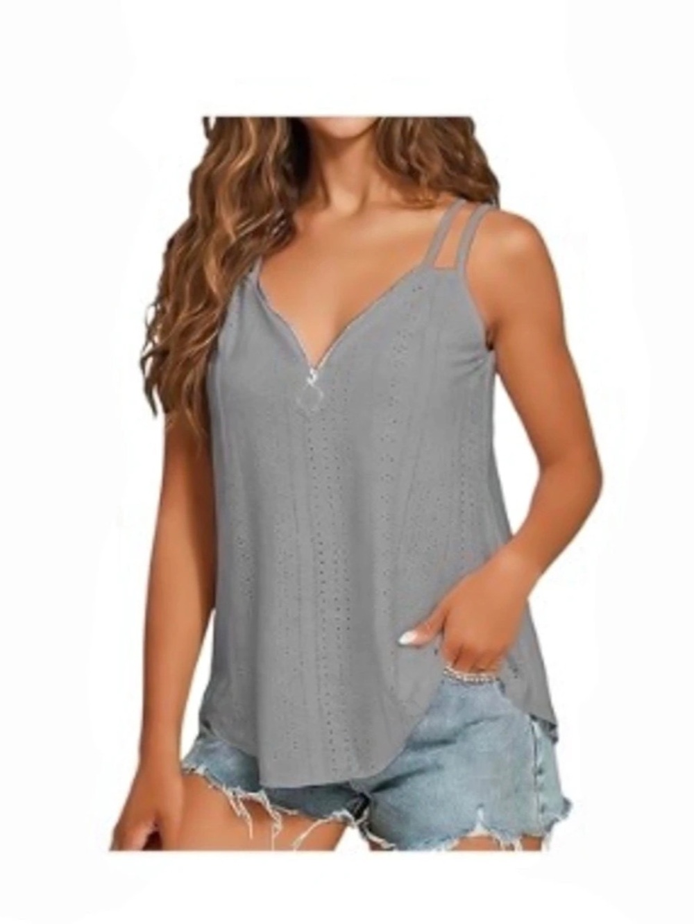 V neck City Women's Tank Tops with Flowy Eyelet Embroidery Camisole